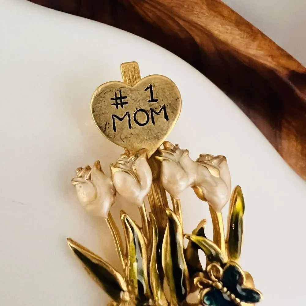 Vintage Nr. #1 MOM Enamel Gold Brooch Tulips Butterfly Planter Enamel Gift 4121